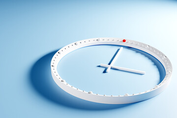 3d illustration of a round transparent clock without numbers with a shadow on a blue isolated background. Time concept