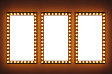 Bright yellow light bulbs in a row in the form of rectangles are lit on a brown isolated...