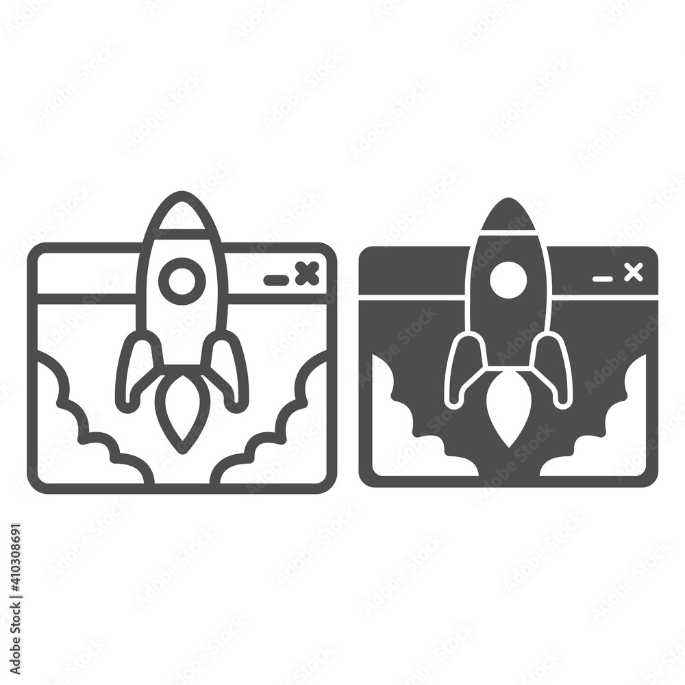 Poster website and rocket launch line and solid icon, startup concept, site launch sign on white background