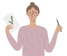 Woman with check list and green pencil in hand. Flat icon design. Vector stock illustration.