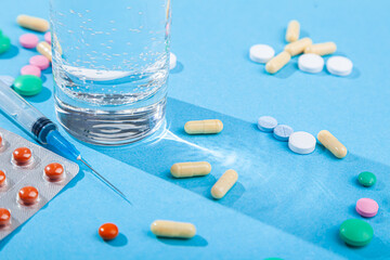 Colorful scattered tablets, water glass, blister with medical pills, multivitamins