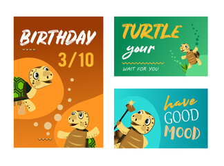 Fototapeta premium Trendy celebration party invitation designs with turtle. Creative birthday invitations with funny turtle. Marine wildlife and animals concept. Template for leaflet, banner or flyer