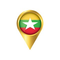 Flag of Myanmar.symbol check in Myanmar, golden map pointer with the national flag of Myanmar in the button. vector illustration.