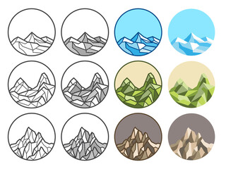 Mountain line art polygon vector illustration. Linear,shadow,colored line,flat styles. Design in round shape and copy space for decoration and logo design.