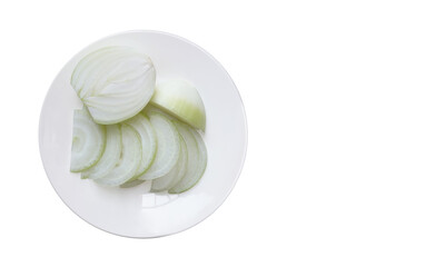 top view onion is sliced ​​on a white ceramic plate on white background, vegetables, food copy space