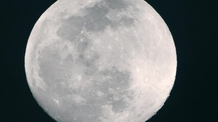 Extreme Close Up Of Real Bright Super Full Moon In Dark Night Sky. - Macro Shot