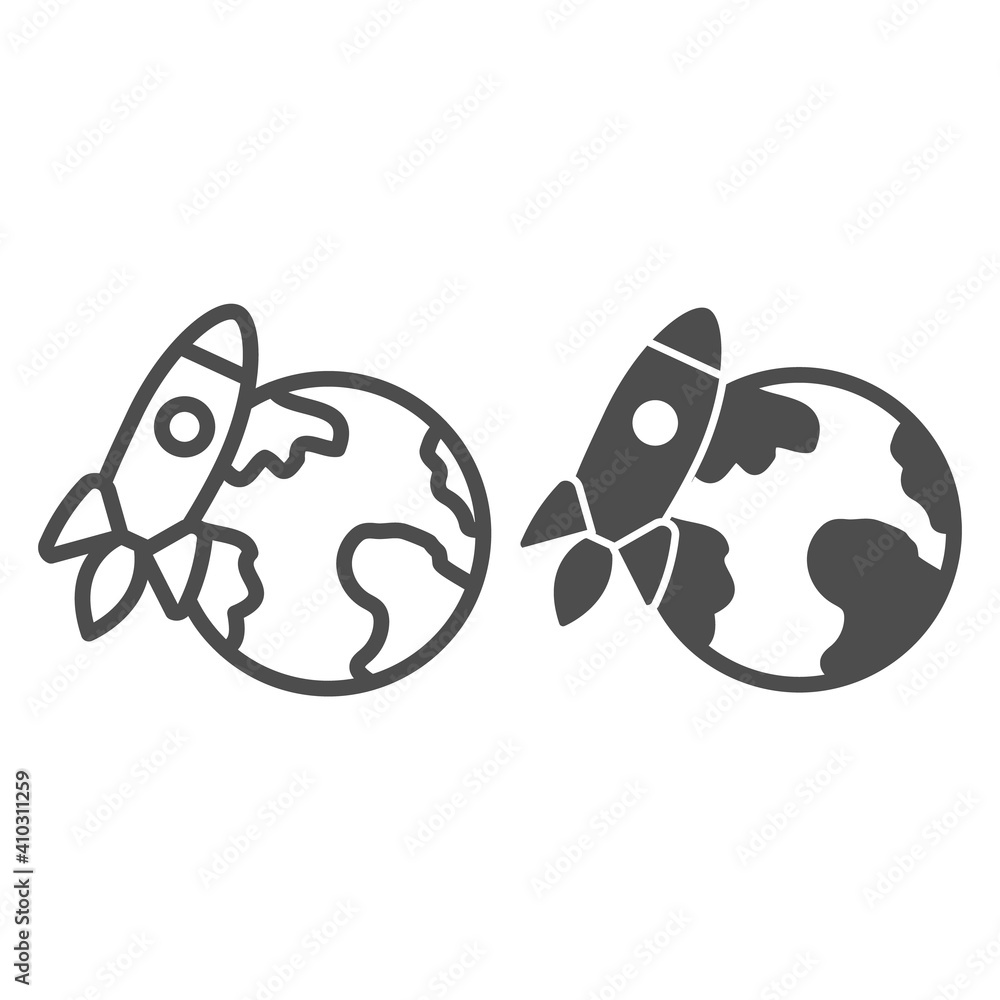 Poster rocket orbiting planet earth line and solid icon, startup concept, go to space sign on white backgro