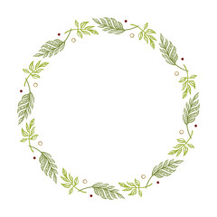 Round floral frame. Green spring wreath. Monogram, wedding invitation or greeting card template.
