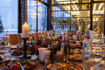 Modern veranda restaurant interior, banquet setting, glasses, plates