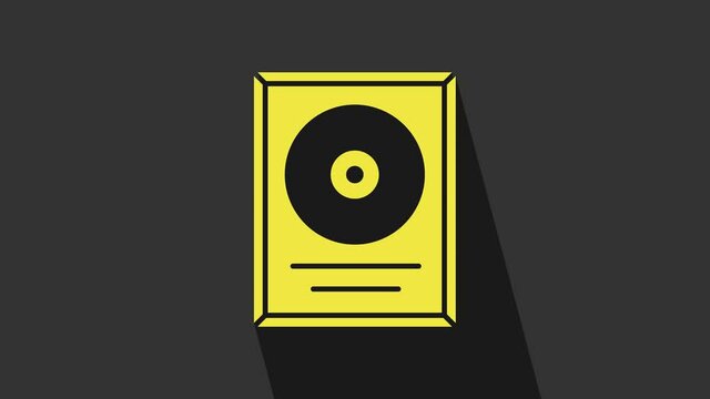 Yellow CD disk award in frame icon isolated on grey background. Modern ceremony. Best seller. Musical trophy. 4K Video motion graphic animation