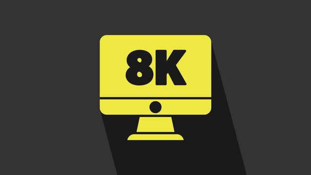 Yellow Computer PC monitor display with 8k video technology icon isolated on grey background. 4K Video motion graphic animation