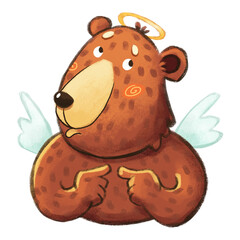 Cute brown bear angel on a white background.