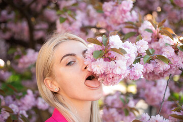 Obraz premium Girl in in blossoms cherry sakura. Outdoor portrait of beautiful sensual fashion girls posing near blooming tree with pink flowers.