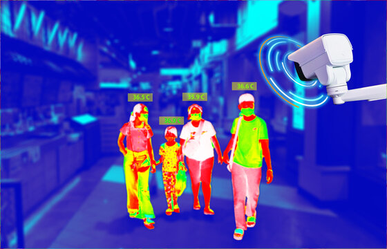CCTV or thermogram camera system hi-technology to check body temperature before access to shopping mall for against epidemic flu covid19 or corona virus as new normal concept.