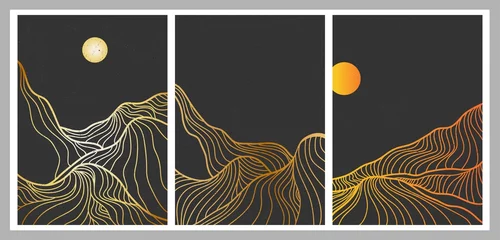 satz kreativer minimalistischer moderner linienkunstdrucke. Abstrakte Berglandschaften mit zeitgenössischen ästhetischen Hintergründen. mit berg, meer, skyline, welle. Vektorillustrationen © gina