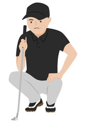 ゴルフをしてる男性のイラスト。グリーン上でカップまでのラインを見ている男性。