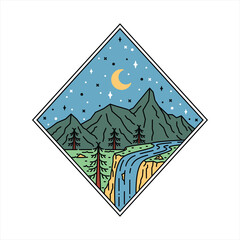 Camping nature adventure wild line badge patch pin graphic illustration vector art t-shirt design