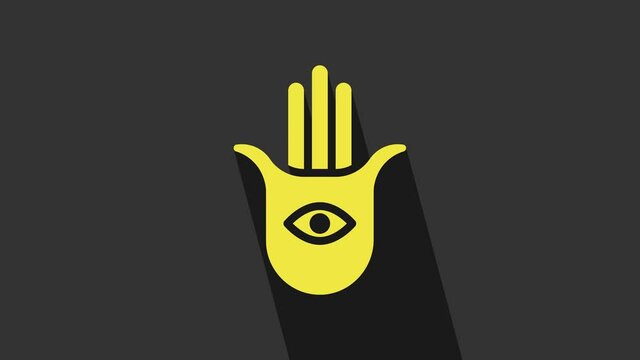 Yellow Hamsa hand icon isolated on grey background. Hand of Fatima - amulet, symbol of protection from devil eye. 4K Video motion graphic animation