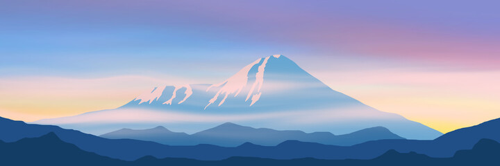 Fantasy on the theme of the morning landscape. Sunrise in the mountains, panoramic view. Volcanoes of Kamchatka. © Valerii