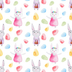 Seamless watercolor pattern on Easter theme. With bunny and eggs illustrations. 