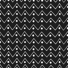 Vector seamless pattern with zig zag and circles. Abstract cute ethnic pattern on black background