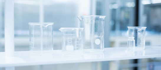 Breaker and glassware in Chemical laboratory. Analysis of Science, biological medical, research and development concepts