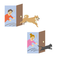 家から脱走する犬と猫のイラスト
