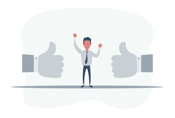 Happy businessman with two big thumbs up . Funny picture over background. Businessman and hands with thumbs up. Likes and positive feedback concept. Vector flat design illustration.