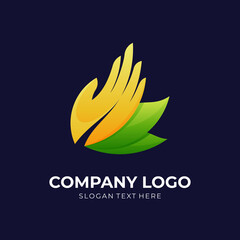 herbal hand logo, hand and leaf, combination logo with 3d yellow and green color style