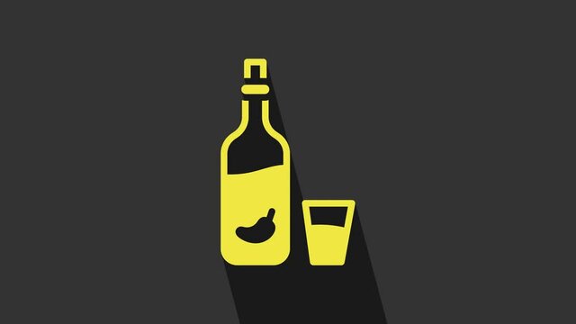 Yellow Vodka with pepper and glass icon isolated on grey background. Ukrainian national alcohol. 4K Video motion graphic animation