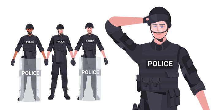 set mix race policemen in full tactical gear riot police officers protesters and demonstration riots mass control concept horizontal vector illustration