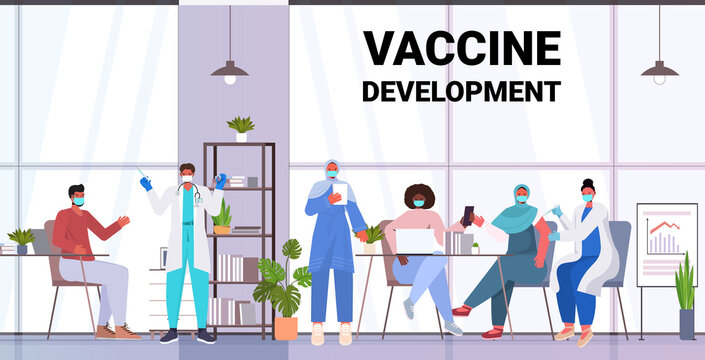 doctors in masks vaccinating mix race patients to fight against coronavirus vaccine development concept full length horizontal vector illustration