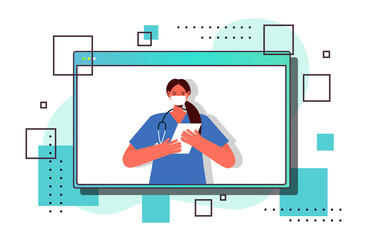 female doctor in web browser window wearing mask to prevent coronavirus pandemic online medical consultation concept portrait horizontal vector illustration