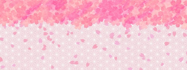 ピンクの麻の葉模様と舞う桜の背景素材