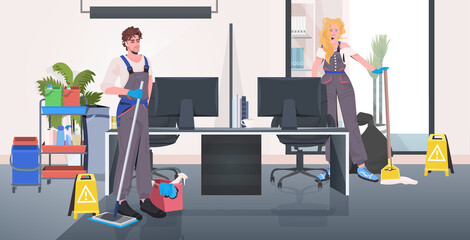 cleaners in uniform cleaning and disinfecting floor to prevent coronavirus pandemic modern office interior horizontal full length vector illustration