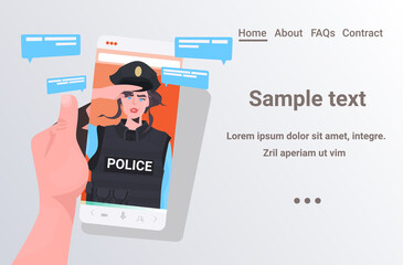 human hand using smartphone chatting with policewoman during video call online communication concept portrait horizontal copy space vector illustration