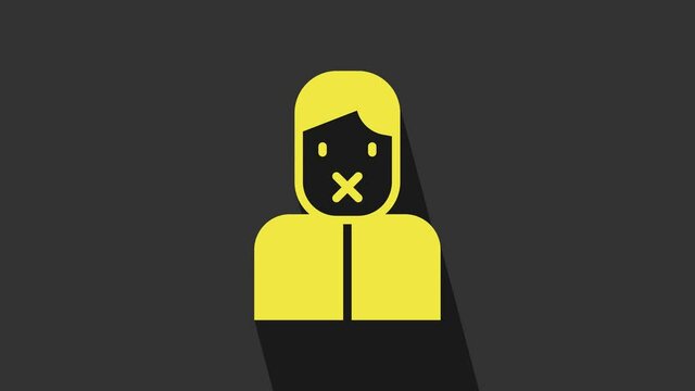 Yellow Censor and freedom of speech concept icon isolated on grey background. Media prisoner and human rights concept. Tied mouth. 4K Video motion graphic animation