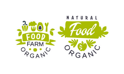 Natural Organic Food Logo Templates Design, Farm Food Organic Labels, Healthy Lifestyle and Premium Quality Vegan Food Vector Illustration