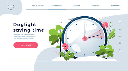 Daylight Saving Time web template. The clocks moves forward one hour. Floral landscape with text Spring Forward, the hand of the clocks turning to summer time, for homepage. Flat vector illustration - 410321202