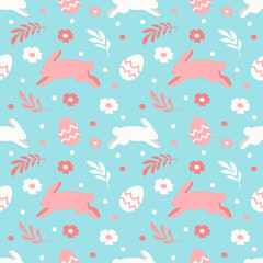 cute vector seamless pattern on Easter theme with hand drawn rabbits, flowers and colored eggs. pattern for printing on clothing, fabric, wrapping paper