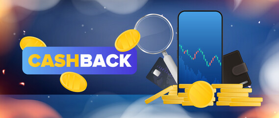 Cashback banner. Realistic flames and smoke. Phone displaying stock market quotes, gold coins, bank cards, coins and a magnifying glass. Neon colors. Vector.