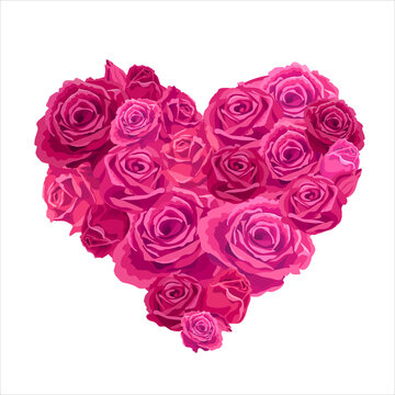 Heart-shaped bouquet with roses. Vector illustration, cards with beautiful flowers. Heart with pink flowers roses, concept, decoration for Happy Valentines day. White background, isolated object.