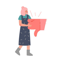 Girl Holding Thumb Down Sign, Female Follower Giving Dislike Expressing Disagreement to Blogger or Post, Social Media Networking Vector Illustration