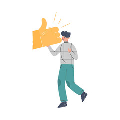 Man Holding Thumb Up Like Sign, Male Follower Giving Like Expressing Agreement to Media Blogger or Post, Social Media Networking Vector Illustration