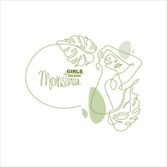 Graphic monstera girl art line for invitation cards 