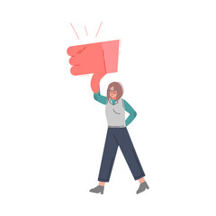 Girl Showing Thumb Down Sign, Female Follower Giving Dislike Expressing Disagreement to Blogger or Post, Social Media Networking Vector Illustration