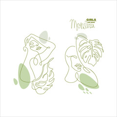 Graphic monstera girl art line for invitation cards 