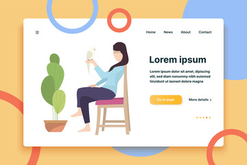 Girl sitting on chair at houseplant holding parrot flat icon. Pet, domestic bird, domestic life. Leisure concept. Vector illustration can be used for topics like animals, relaxation therapy, lifestyle