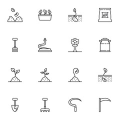 Agriculture, farming line icons set, outline vector symbol collection, linear style pictogram pack. Signs logo illustration. Set includes icons as gardening rake, shovel, watering hose, sprout in soil