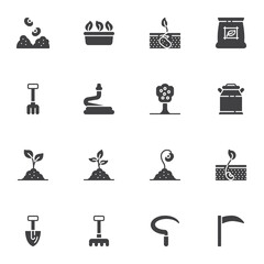 Agriculture, farming vector icons set, modern solid symbol collection, filled style pictogram pack. Signs, logo illustration. Set includes icons as gardening rake, shovel, watering hose, sprout in